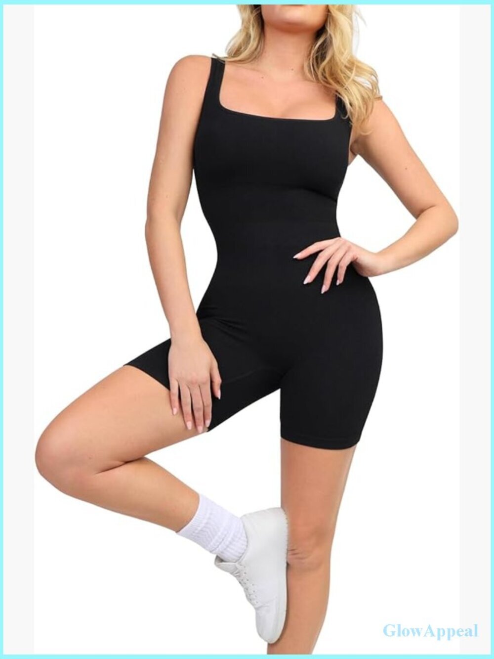 Square Neck Romper Bodysuit with Built-In Bra Shapewear
